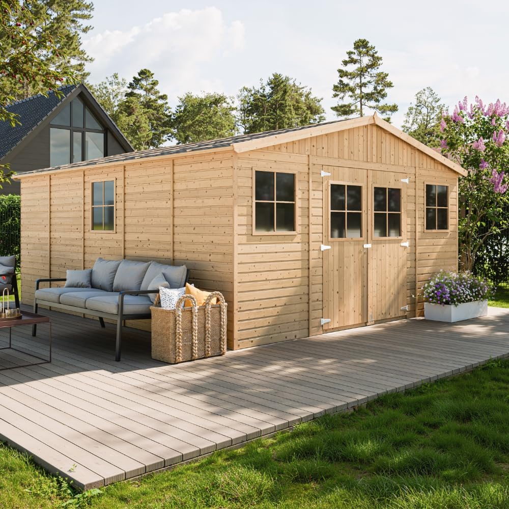 Abri de Jardin en Bois Exterieur avec Les PLANCHERS IMPRÉGNÉ- Maison de Jardin en Pin/épicéa-H246x418x522 cm/20 m²-Construction de Panneaux- Rangement pour vélos, Remise à Outils-bleujardin M333 +M333G