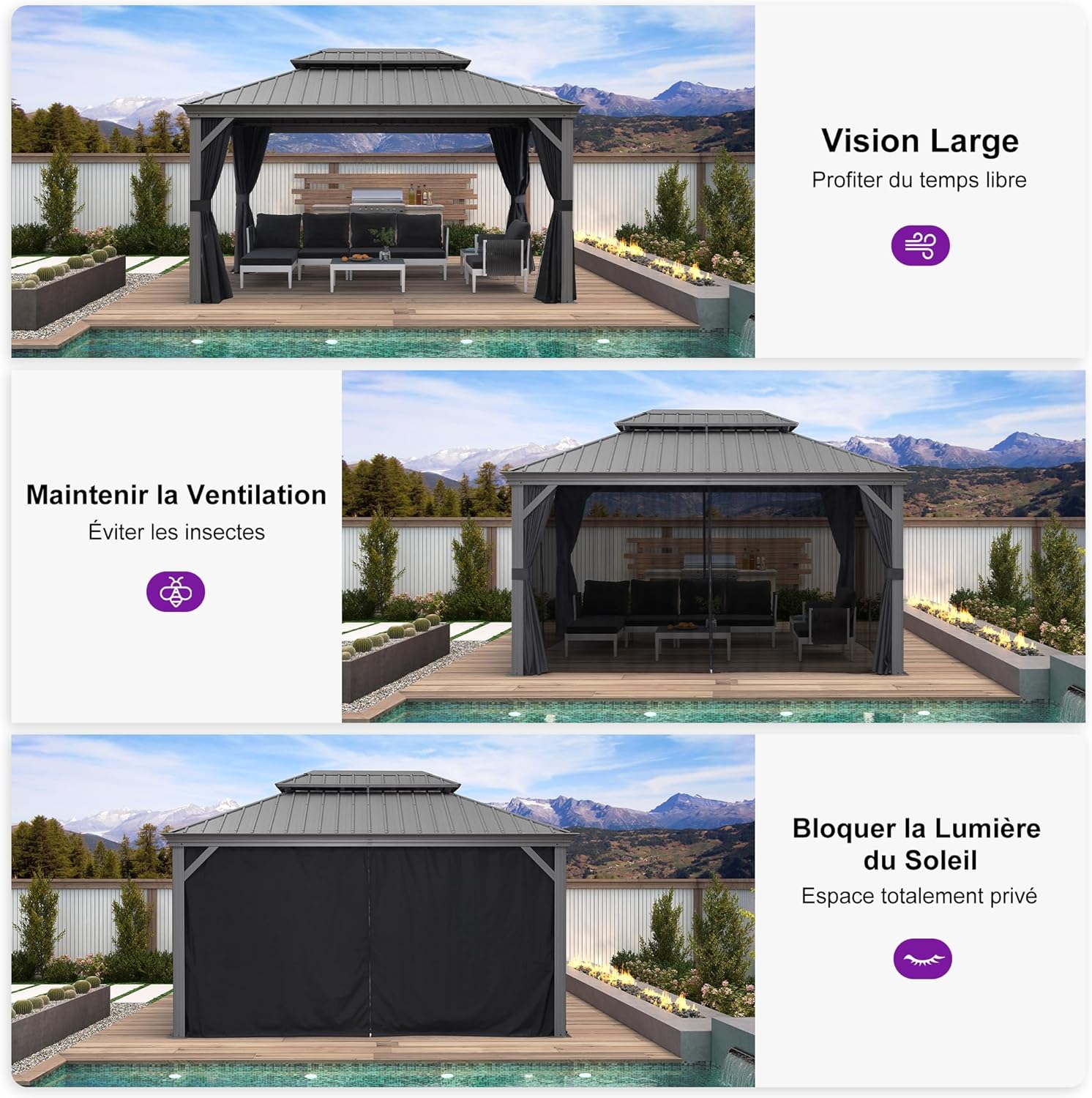 bleujardin - tonnelle extérieur - 3 x 4,25 m - alu double toit, rideaux, LED