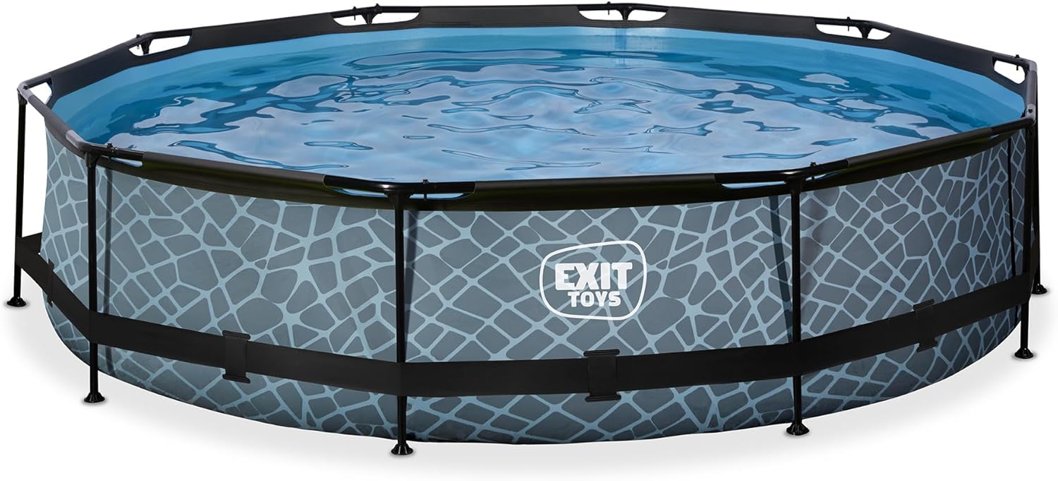 bleujardin Piscine Tubulaire Stone - ø360x76cm - Piscine Hors Sol Ronde Grande avec Pompe Filtrante à Cartouche - Entrée Basse - Idéal pour Les Jeunes Enfants - Cadre Stable - Design Unique - Gris
