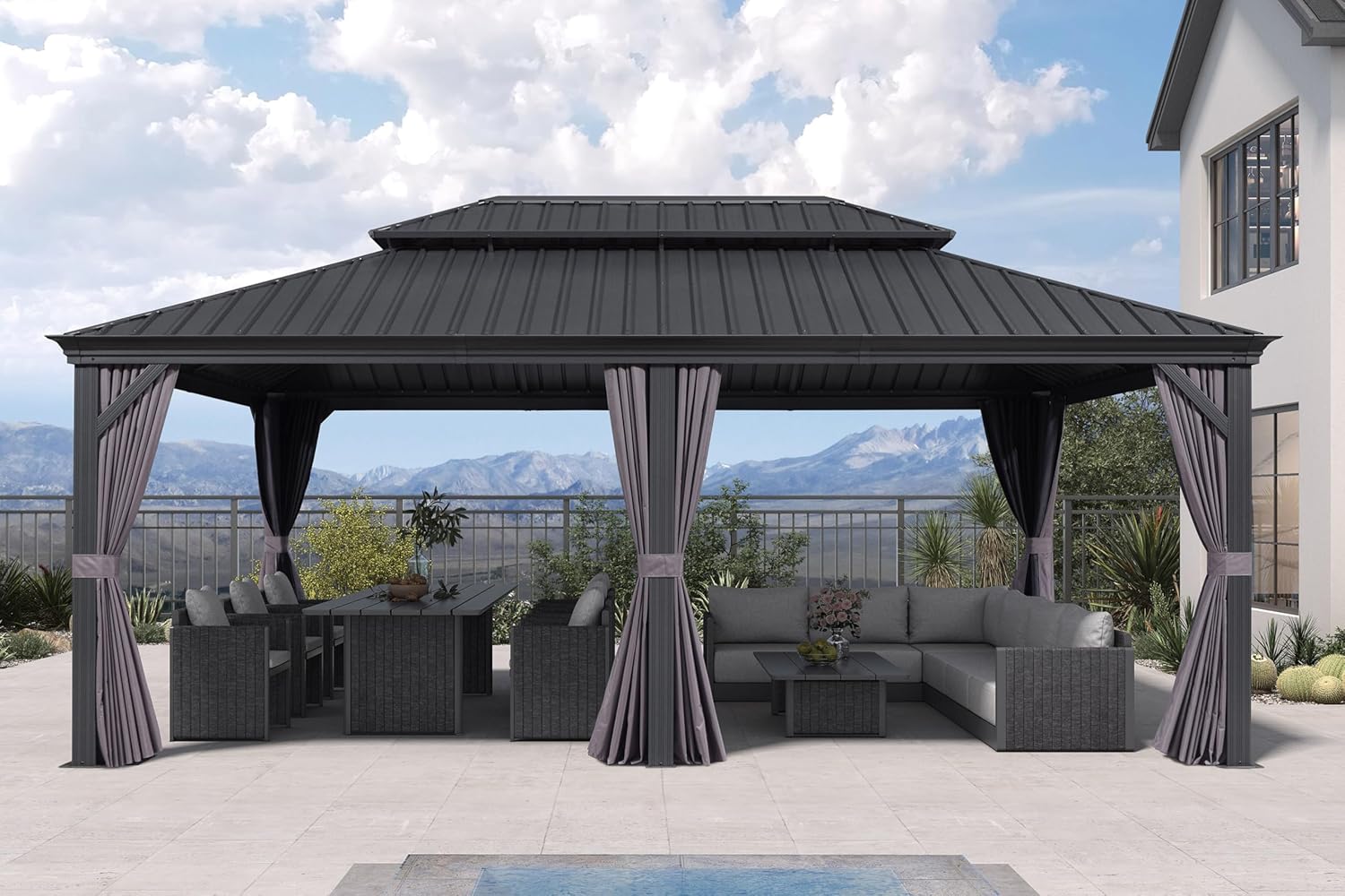 bleujardin - Pergola Série Extérieur - 6x4m - Toit acier, moustiquaire, rideaux, gouttière