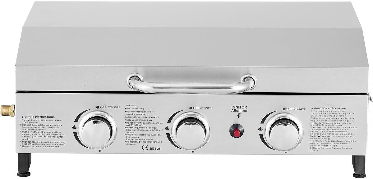 Fasto - Plancha 3 brûleurs 7,5 KW avec couvercle métal - Gris