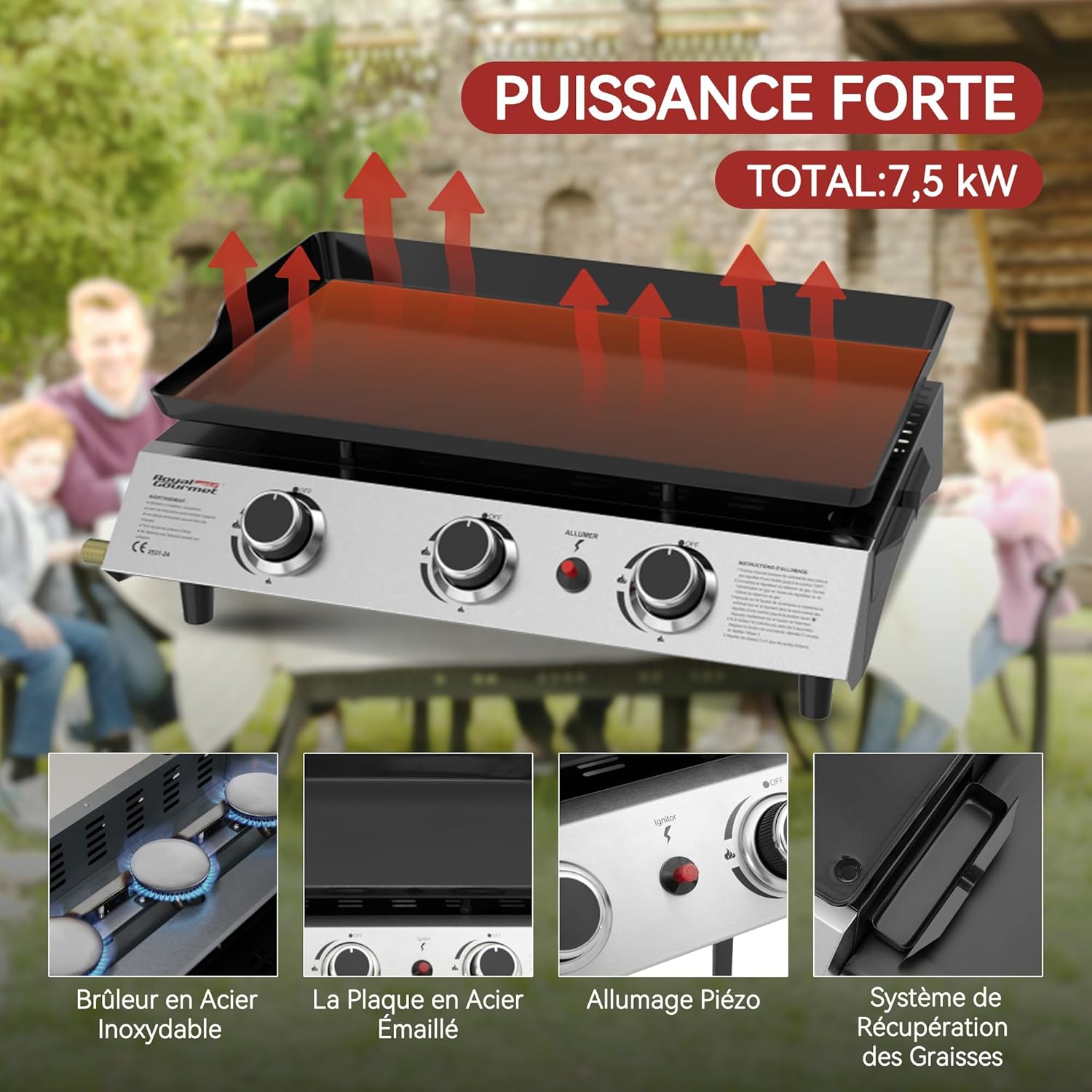 bleujardin - Plancha sur chariot 62x35,5cm - 3 brûleurs puissants 7,5kW