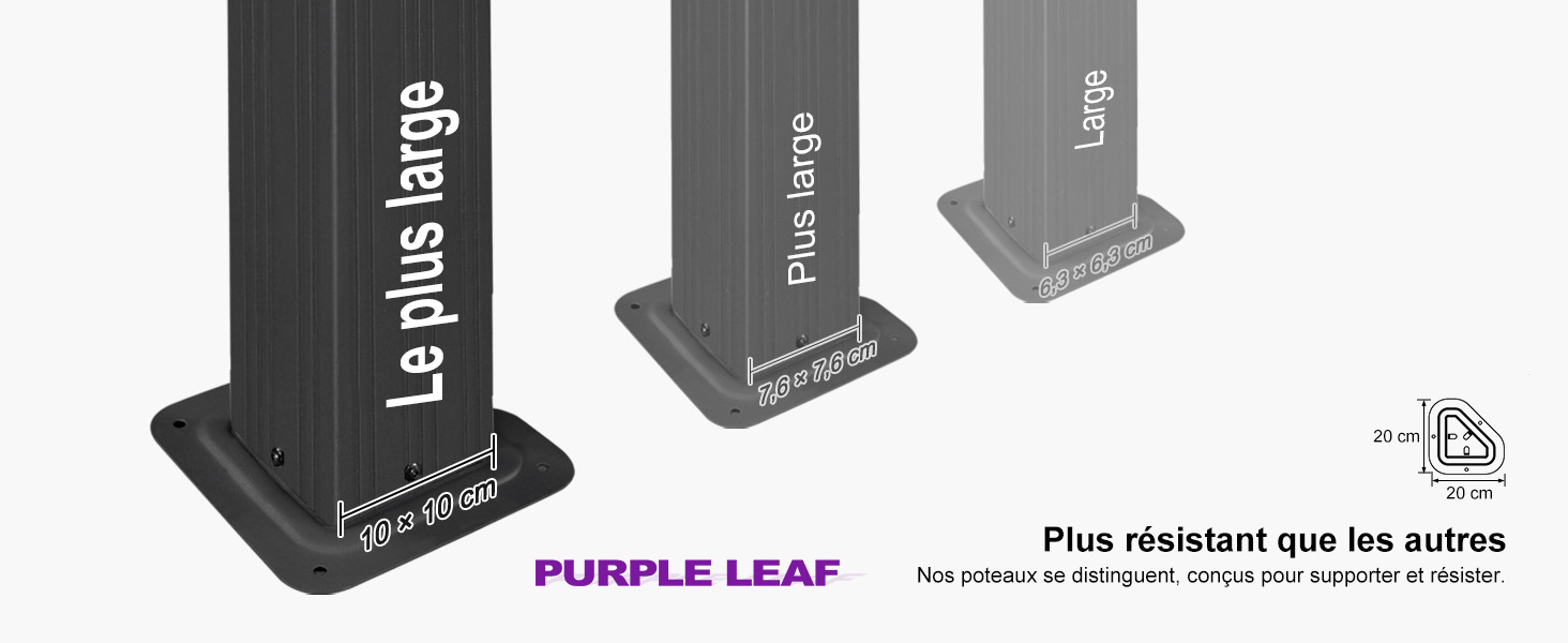 Trois supports verticaux avec le texte « Le plus large » sur les côtés. Sur la base, on peut lire « bleujardin ». Le texte français indique que le produit est plus résistant que les autres. Image monochrome.