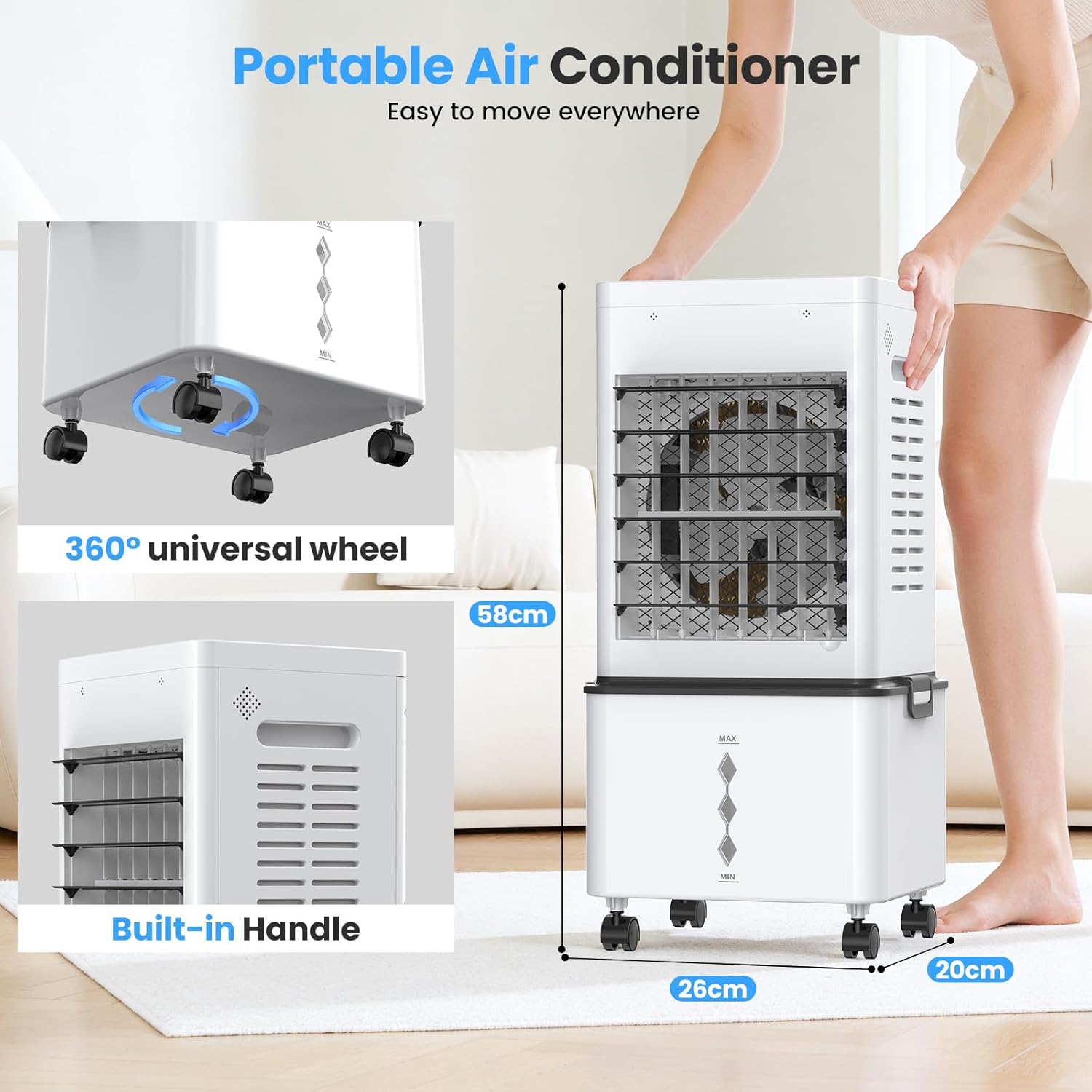 Climatiseur mobile 3-en-1, 12L, 6 vitesses, télécommande, 24H timer