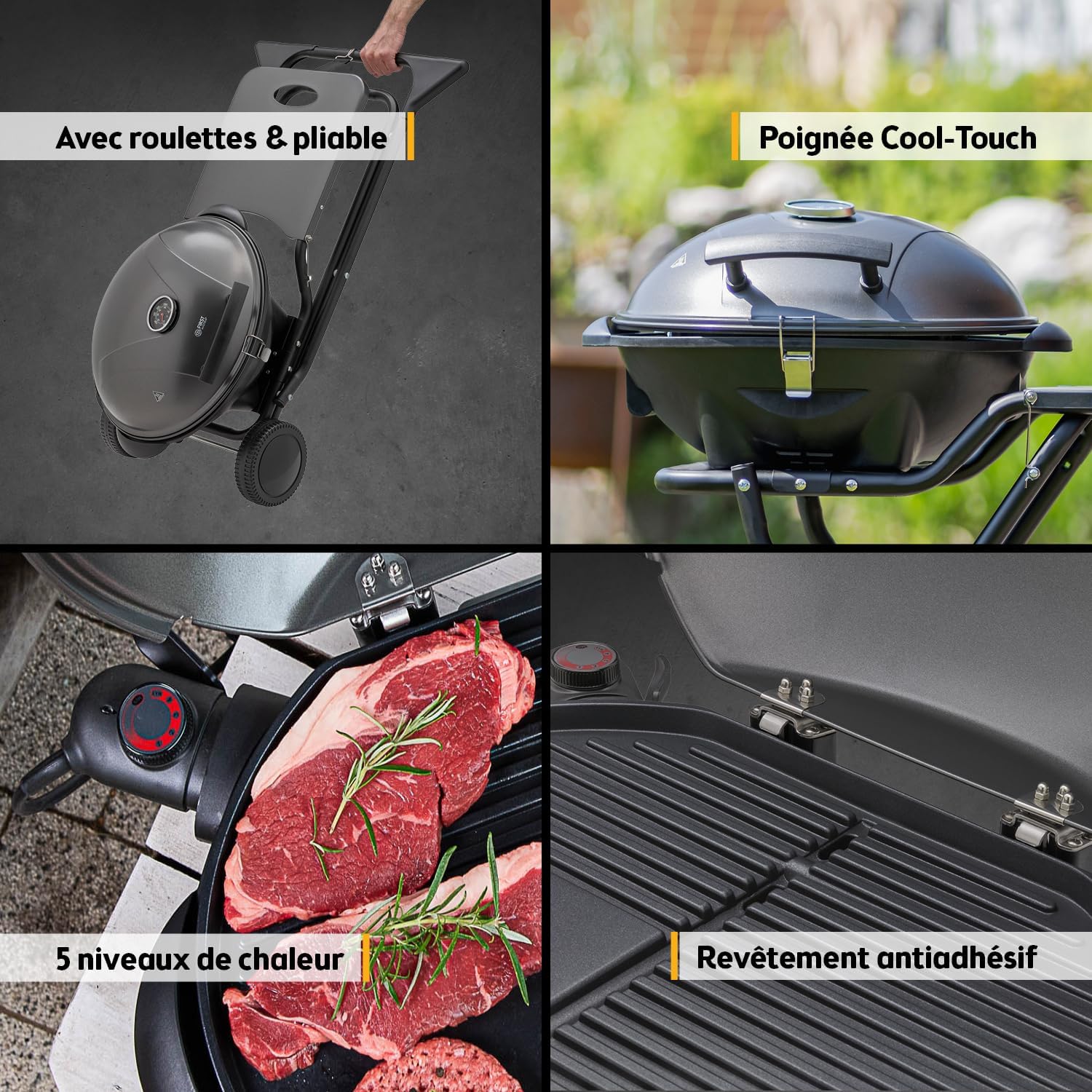 bleujardin - Barbecue 2-en-1 pliable 2400W, couvercle, chariot, thermomètre - TZSFA5350-6