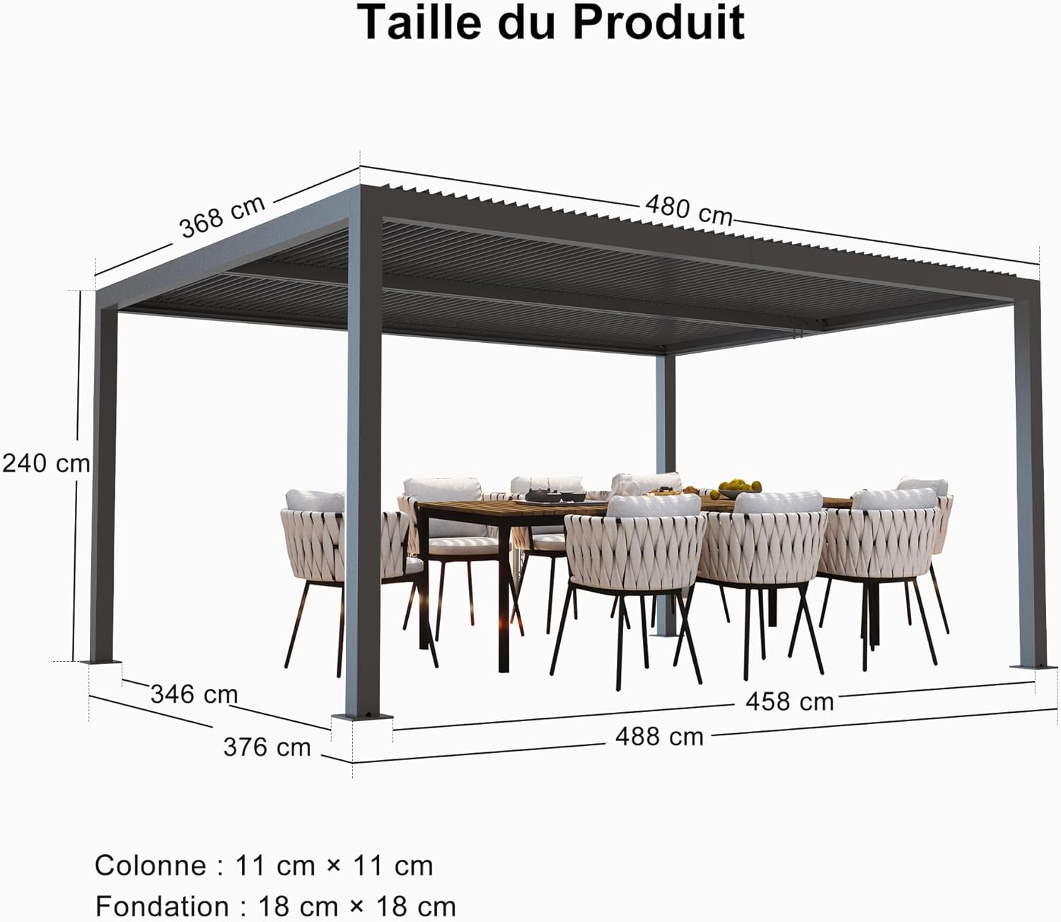 bleujardin - Pergola bioclimatique série aluminium - 4,8x3,68m - lames orientables, surface 17,66m²