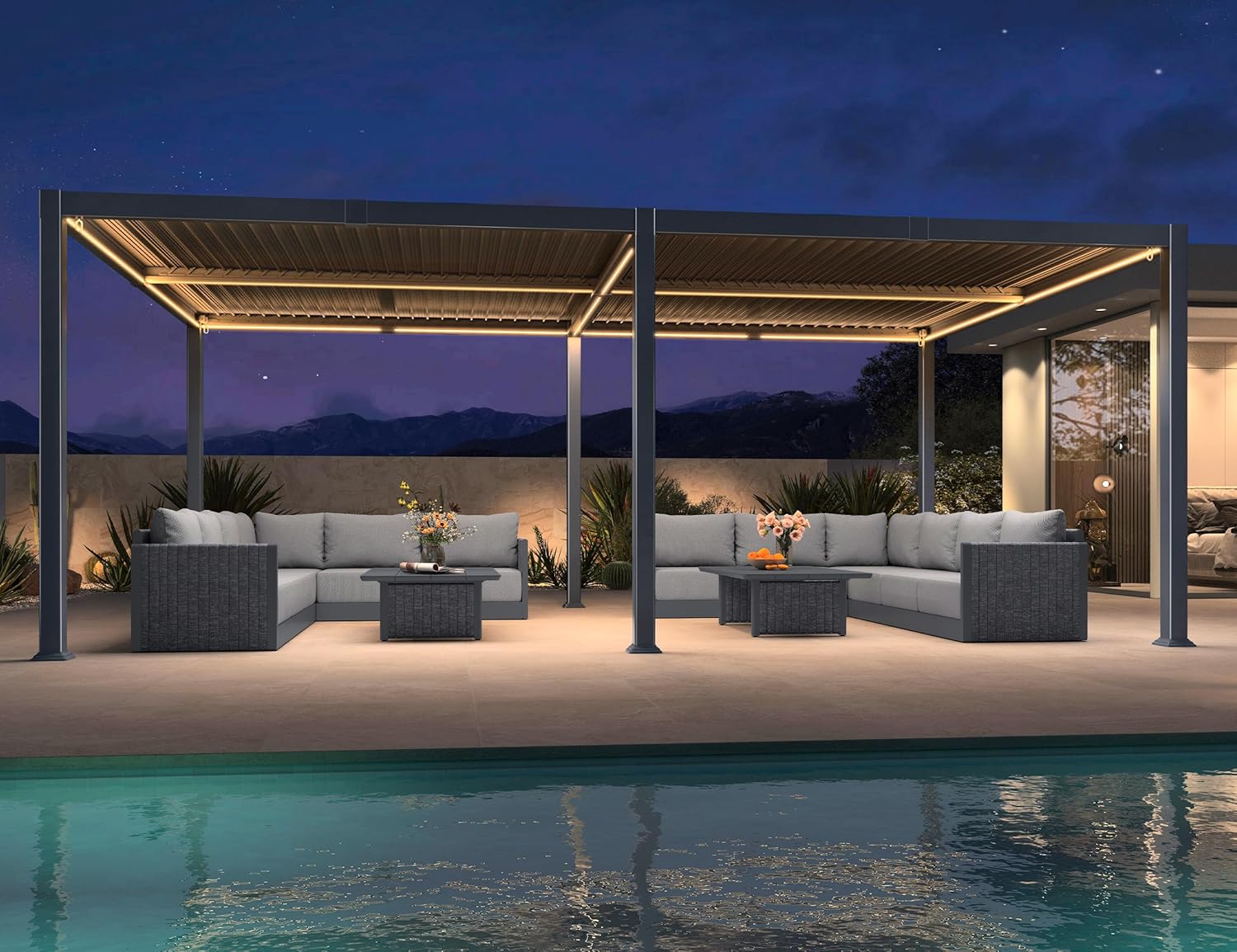 bleujardin - Pergola bioclimatique - 4x6m - alu lames LED gris