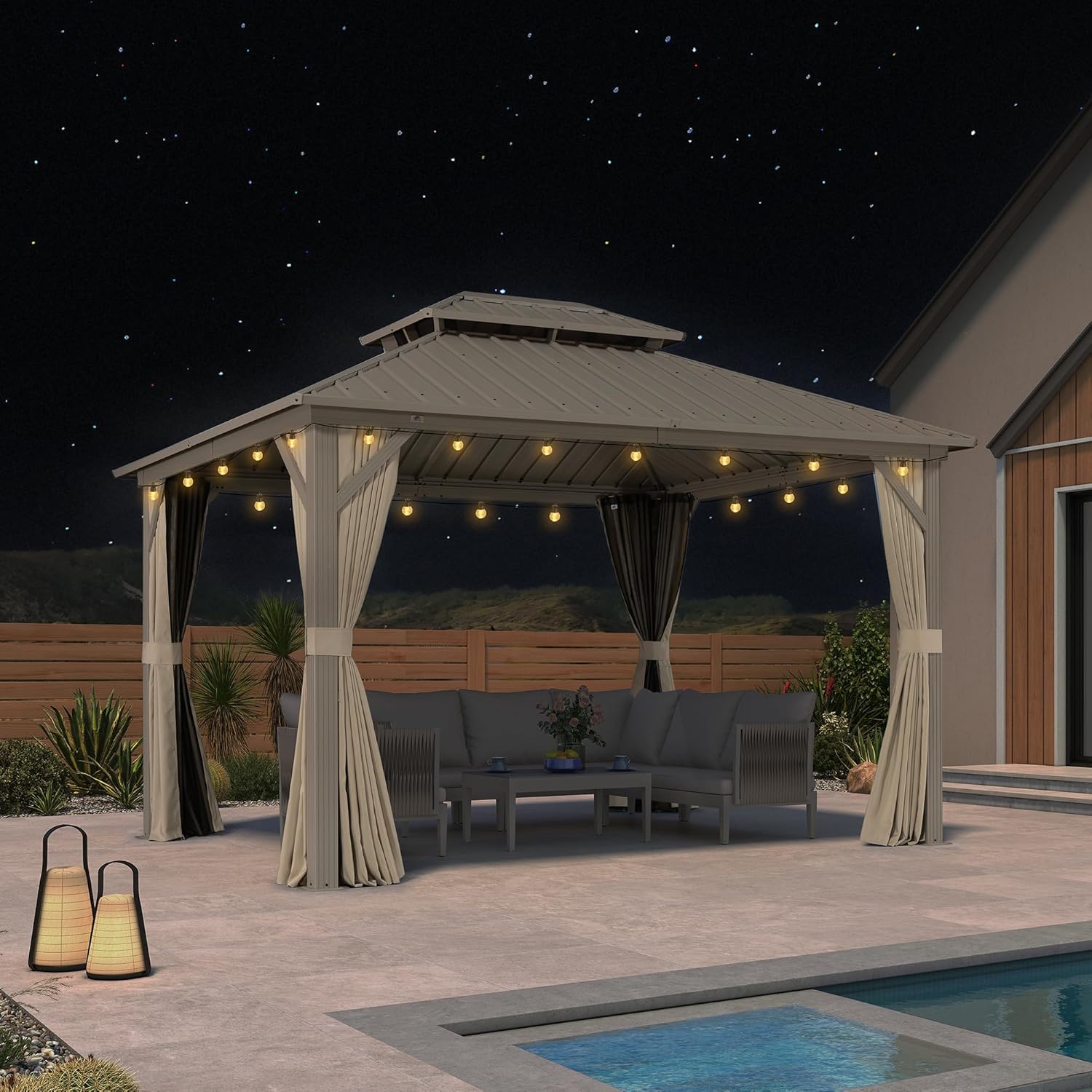 bleujardin Tonnelle de Jardin Extérieur 3,65 x 3 m avec Éclairage Extérieur, Pergola Aluminium à Toit Rigide en Acier Galvanisé, Pavillon Imperméable pour Camping, Fête, Barbecue, Champagne