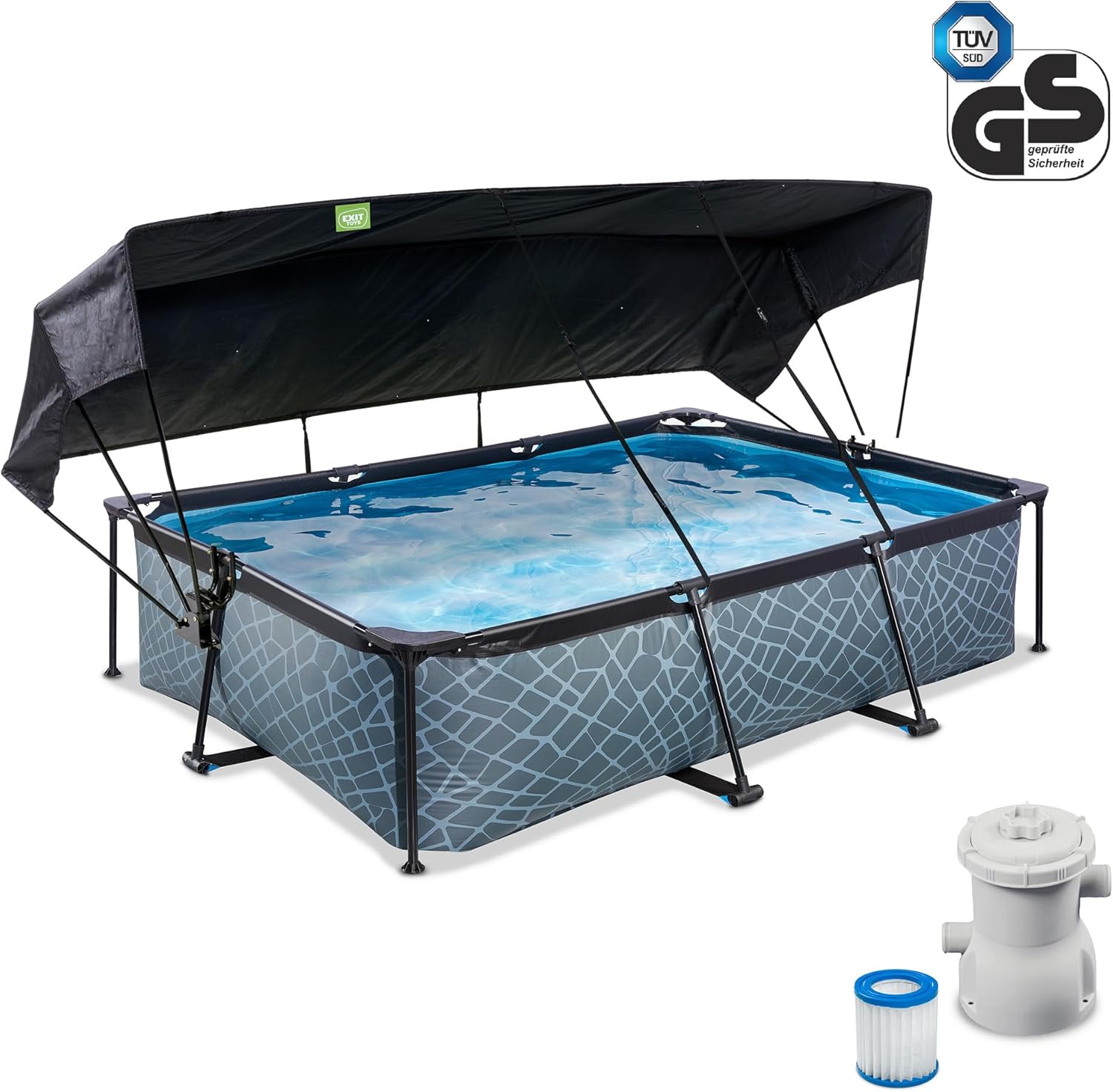 bleujardin Piscine Stone avec Voile d'Ombrage - 300x200x65cm - Piscine Hors Sol Rectangulaire avec Pompe Filtrante à Cartouche - Protection Optimale Contre Les Rayons UV - Entrée Basse - Gris