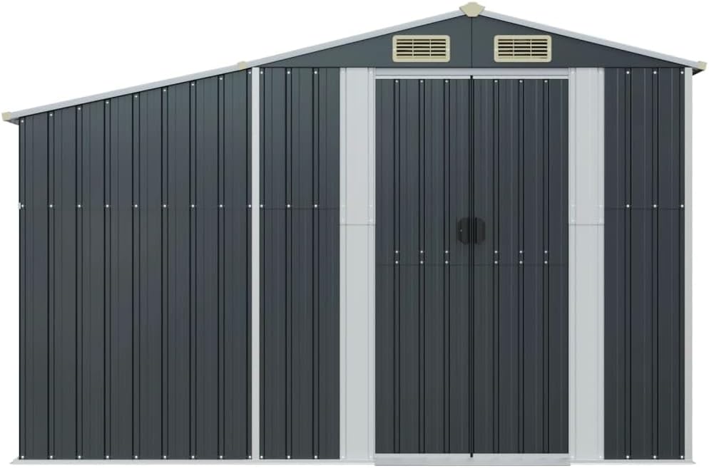 Abri de jardin anthracite 277 x 93 x 179 cm en acier galvanisé avec toit incliné et ouvertures d'aération pour outils de jardin et support de bois de chauffage, abri de jardin en métal robuste pour le