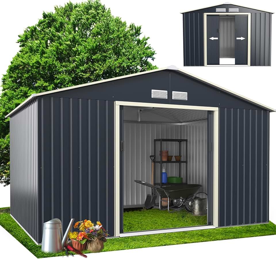 bleujardin - Abri de jardin métal - 340x255x210cm - porte coulissante, toit pente, extérieur, résistant - KX7177KV+FR