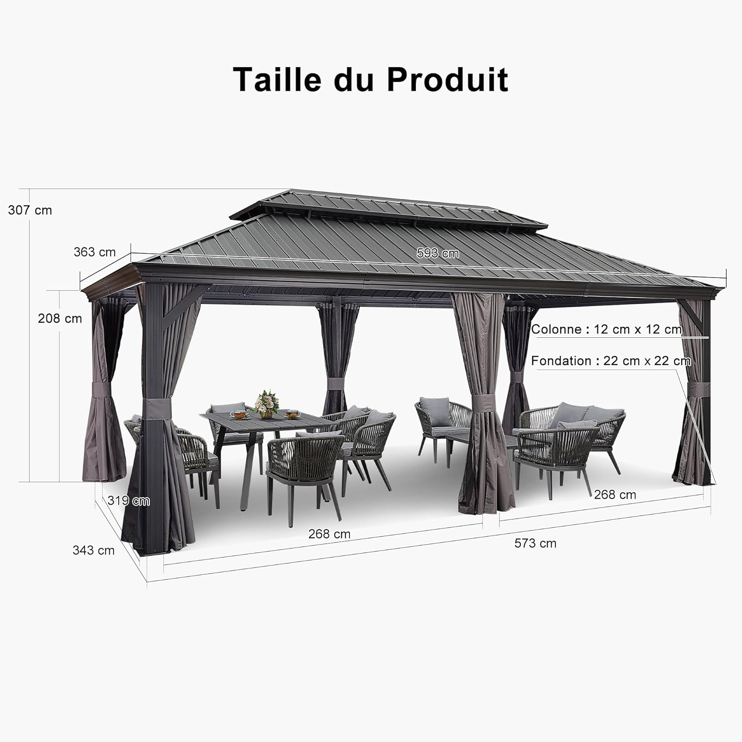 bleujardin - Pergola double toit acier - 6x3,65m - moustiquaire, rideaux, gouttière, poteaux renforcés