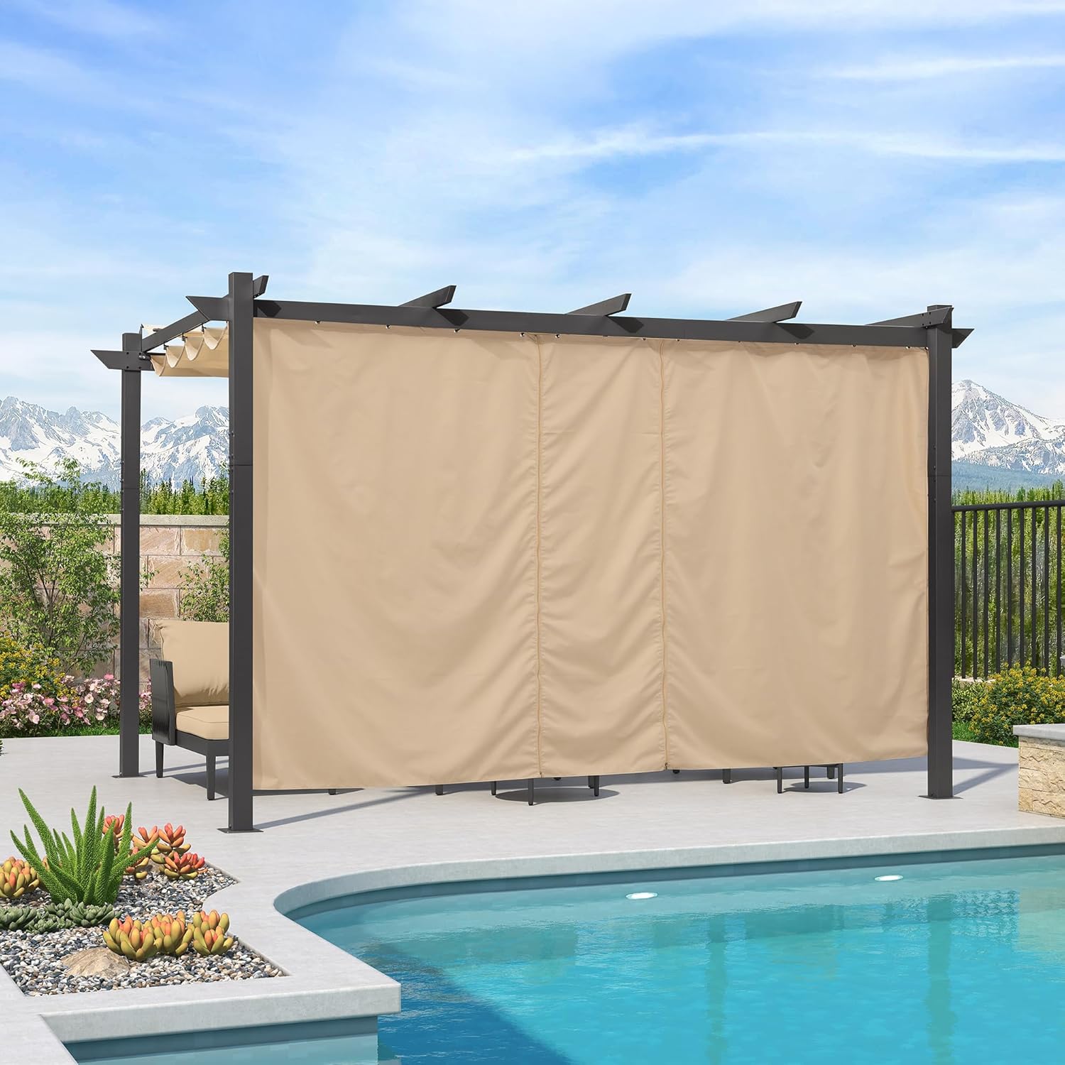 bleujardin - pergola aluminium - 4x3m - rideau, toit rétractable, kaki