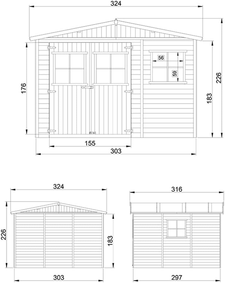ABRI de Jardin en Bois Exterieur avec Les PLANCHERS IMPRÉGNÉ - Cabane de Jardin en Pin/épicéa- H226x316x324 cm/9 m²-Construction de Panneaux- Rangement pour vélos, Remise à Outils- bleujardin M335+M335G