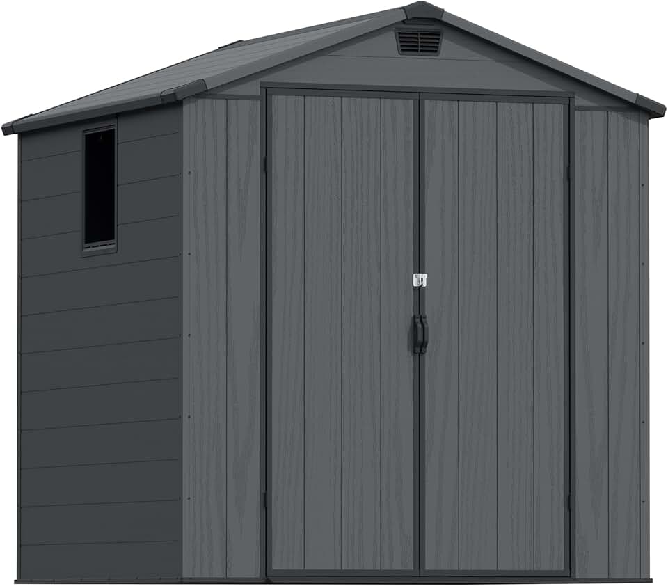 bleujardin Abri de jardin extérieur en plastique avec double portes verrouillables et toit en apex – Abri de jardin pour outils de terrasse, abri pour vélo, poubelle – Résistant aux intempéries et à la