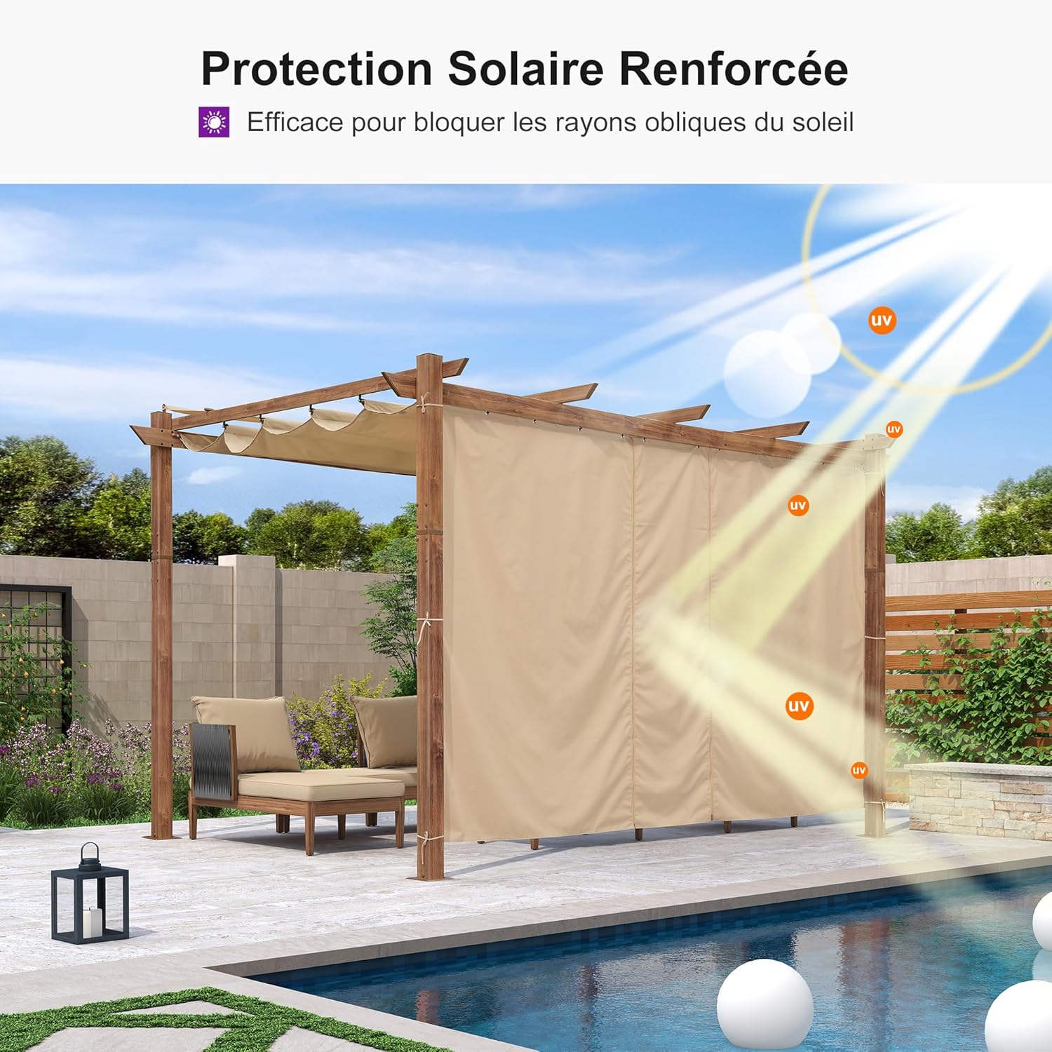 bleujardin - Pergola alu finition teck 4x3m - toile rétractable, rideau, kaki