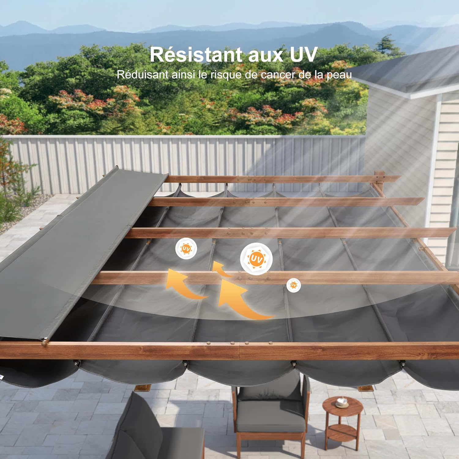 bleujardin - Pergola aluminium - 4x3m - toile rétractable, teck, imperméable