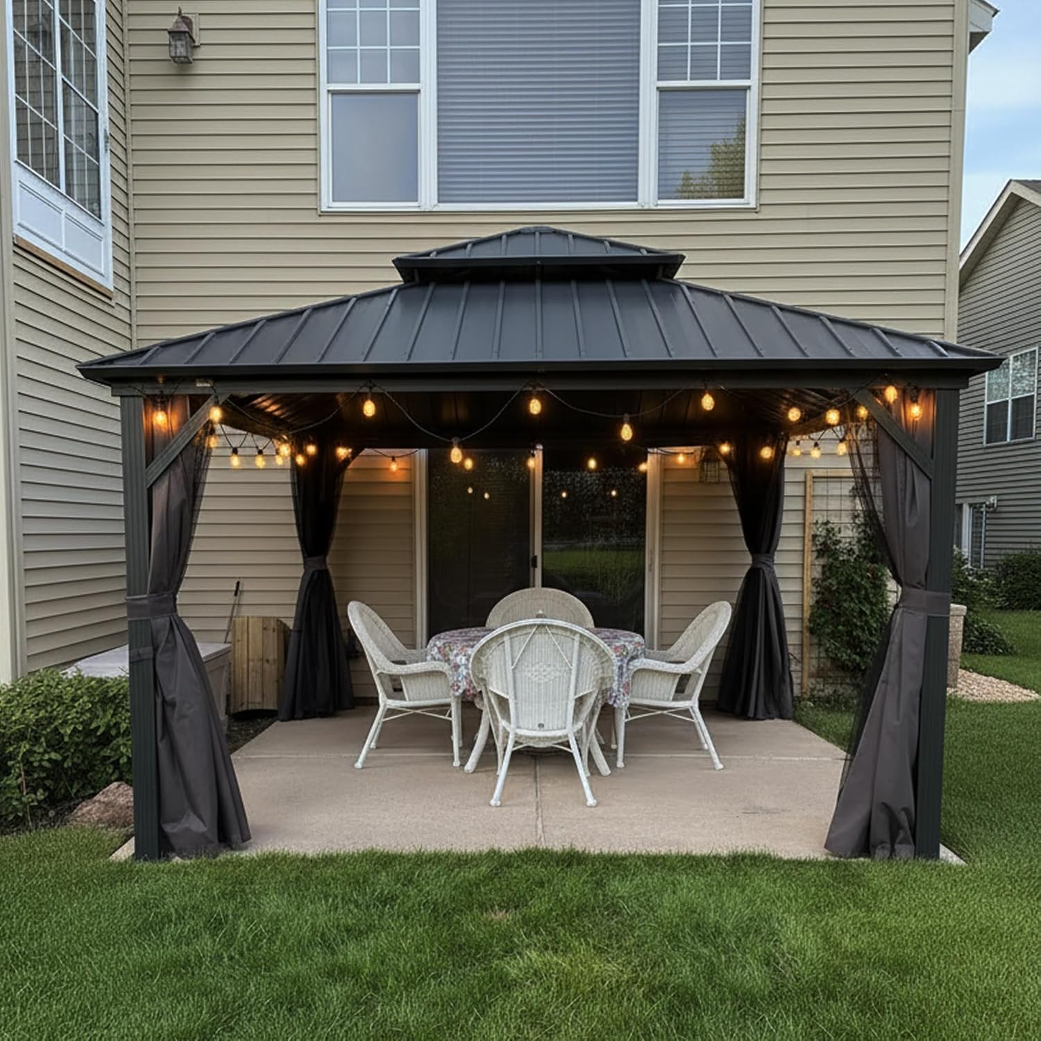 bleujardin Tonnelle de Jardin Extérieur 3,65 x 3,65 m avec Guirlande Lumineuse, Pavillon Aluminium à Double Toit en Acier Galvanisé, Pergola Jardin Extérieur avec Rideaux pour Fête, Barbecue, Gris