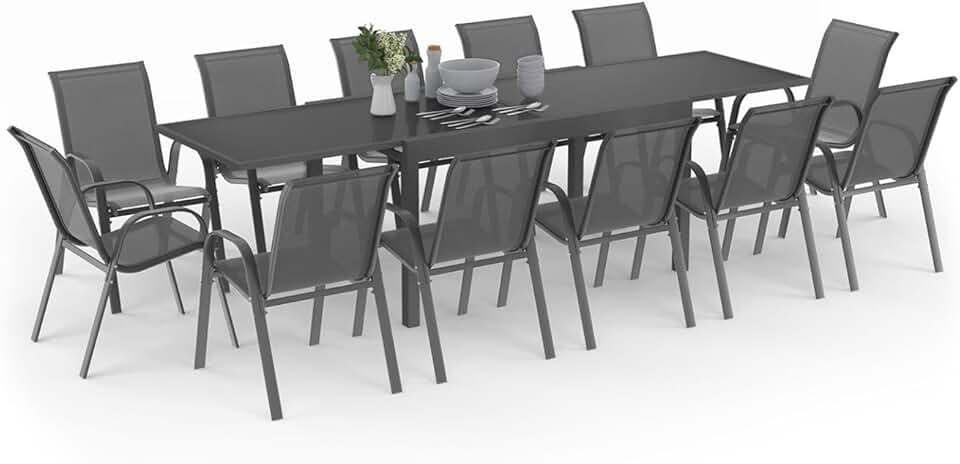 bleujardin - Madrid série - table 135-270 cm et 12 chaises empilables - gris anthracite