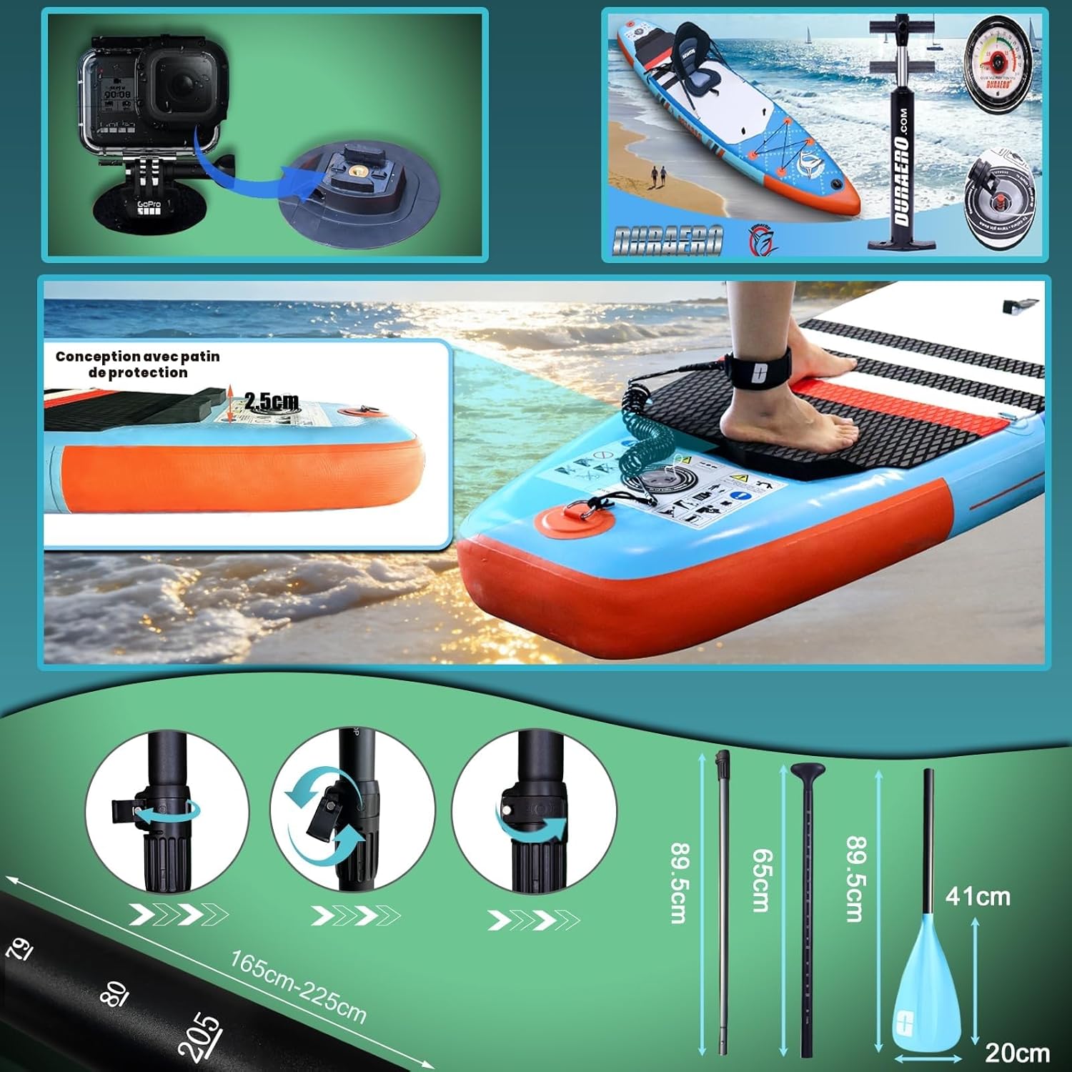 Stand up Paddle gonflable - 330x76x15 cm - siège kayak, support GoPro, double pagaie, 150 kg, bleu