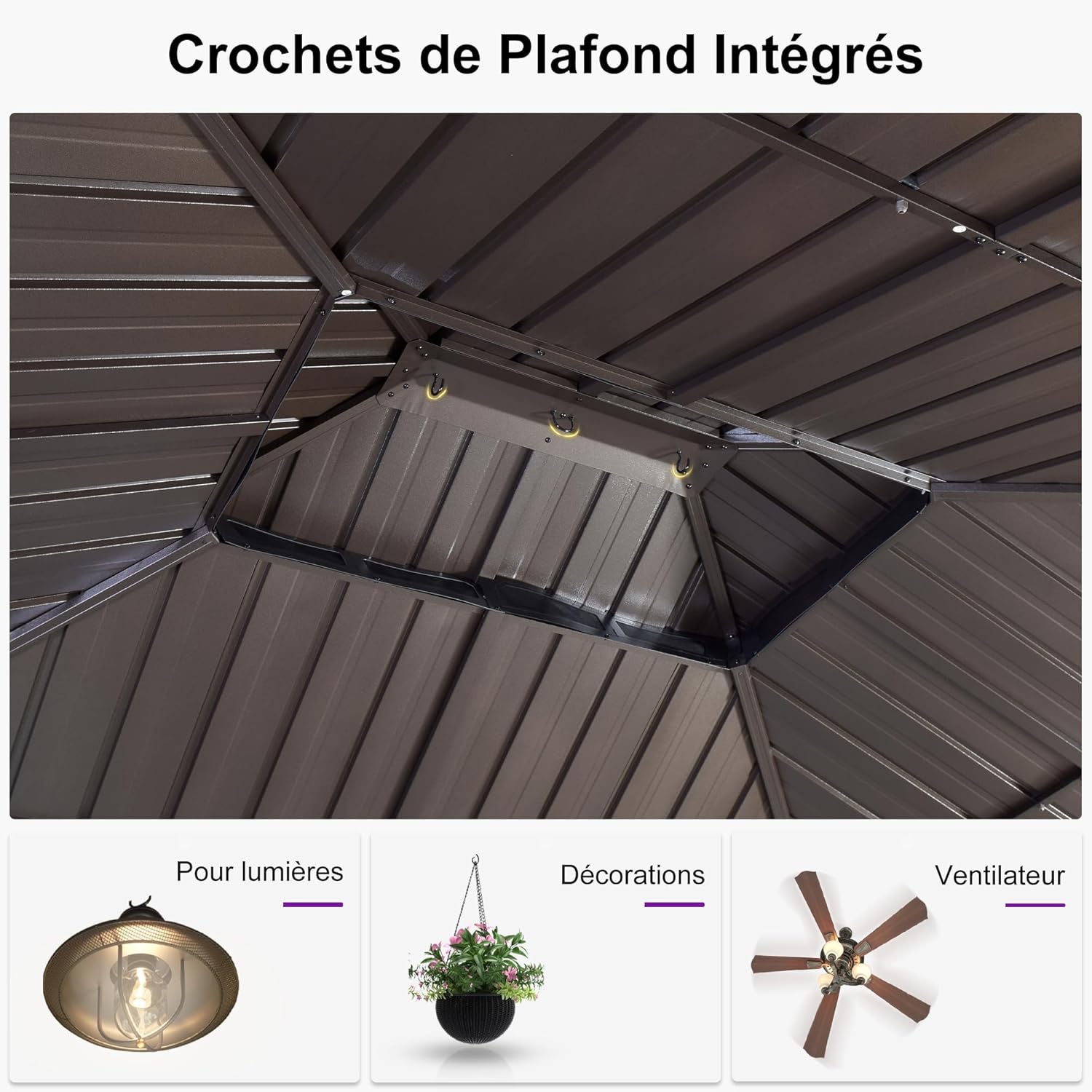 bleujardin - pergola double toit rigide 6x3,65m, aluminium, guirlande, rideaux