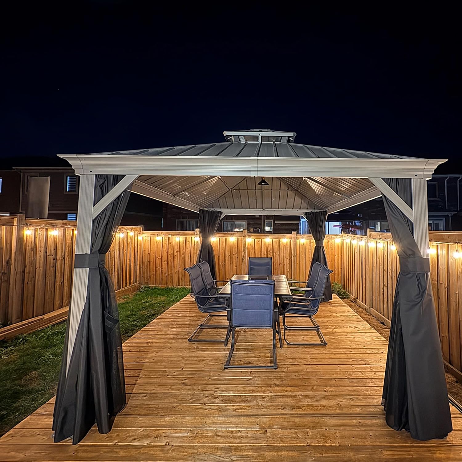 bleujardin - tonnelle extérieur - 3 x 4,25 m - alu double toit, rideaux, LED