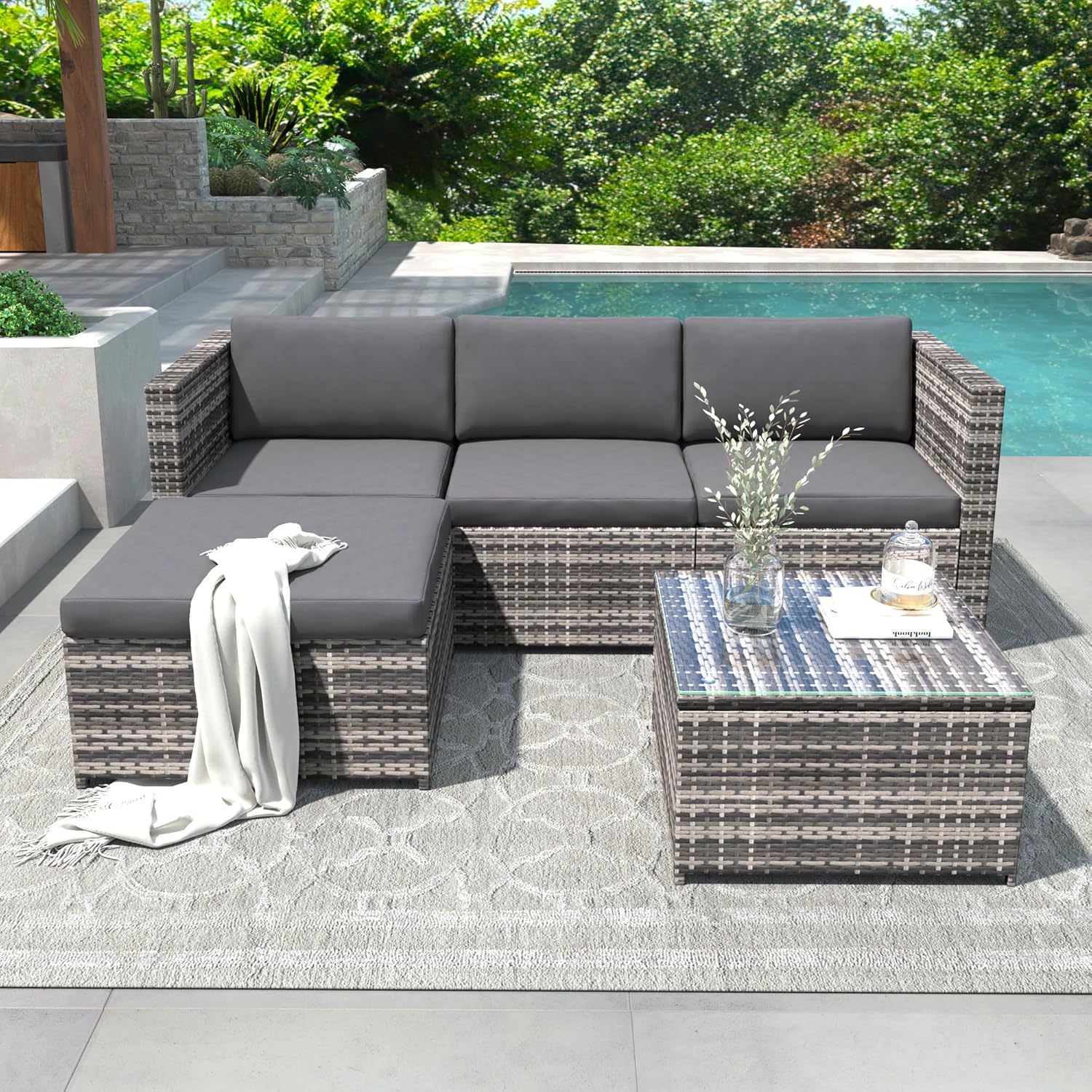 Salon de jardin modulable 4 places, poly rotin, coussins, table verre