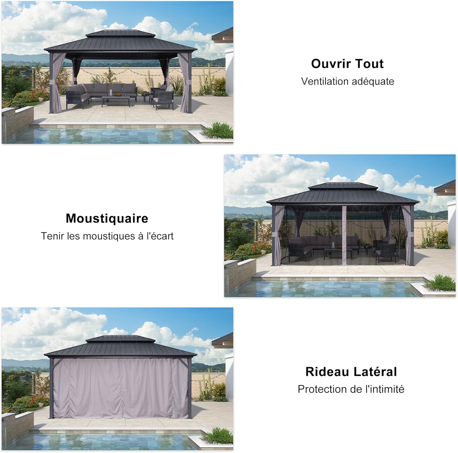 bleujardin - pergola série double toit - 4,85x3,65 m - alu acier, rideaux, moustiquaire