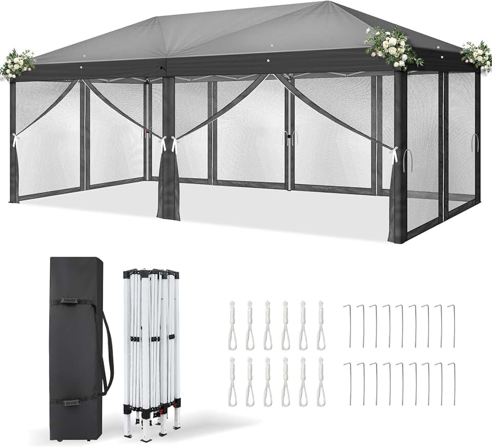 bleujardin Tonnelle Pliable 3x6 m Imperméable Anti-UV 50+, Hauteur Ajustable avec 6 Moustiquaires, Structure Stable, pour Jardin, Terrasse, Camping Et Usage Professionnel,Anthracite