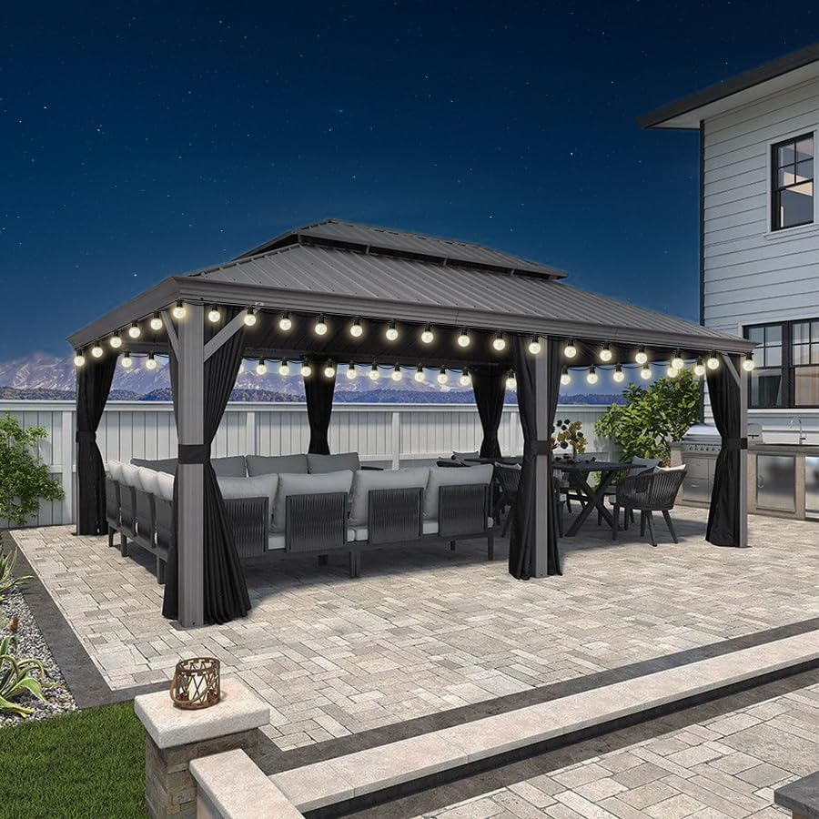 bleujardin - pergola double toit - 4,25x6m - alu, rideaux, moustiquaire, guirlande