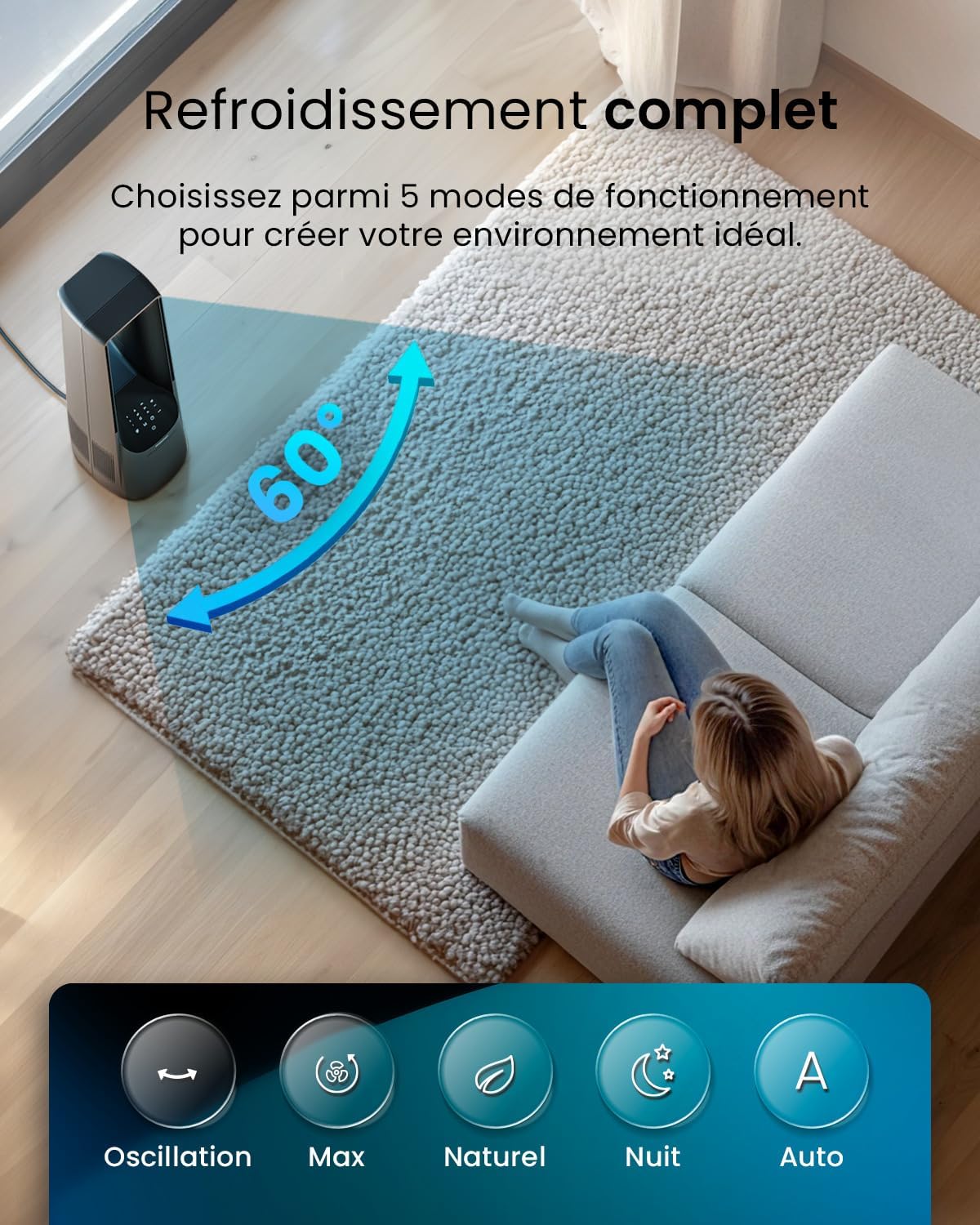 bleujardin Ventilateur Colonne Sans Pale - Ventilateur Tour Silencieux, Hauteur 101 cm avec 6 Vitesses, Oscillation 60°, Ventilateur Sans Lame Rafraichisseur d'Air Bladeless Noir