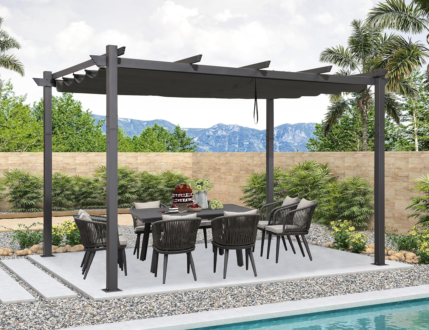 bleujardin - pergola aluminium - 4x3m - toit coulissant, tissu teint