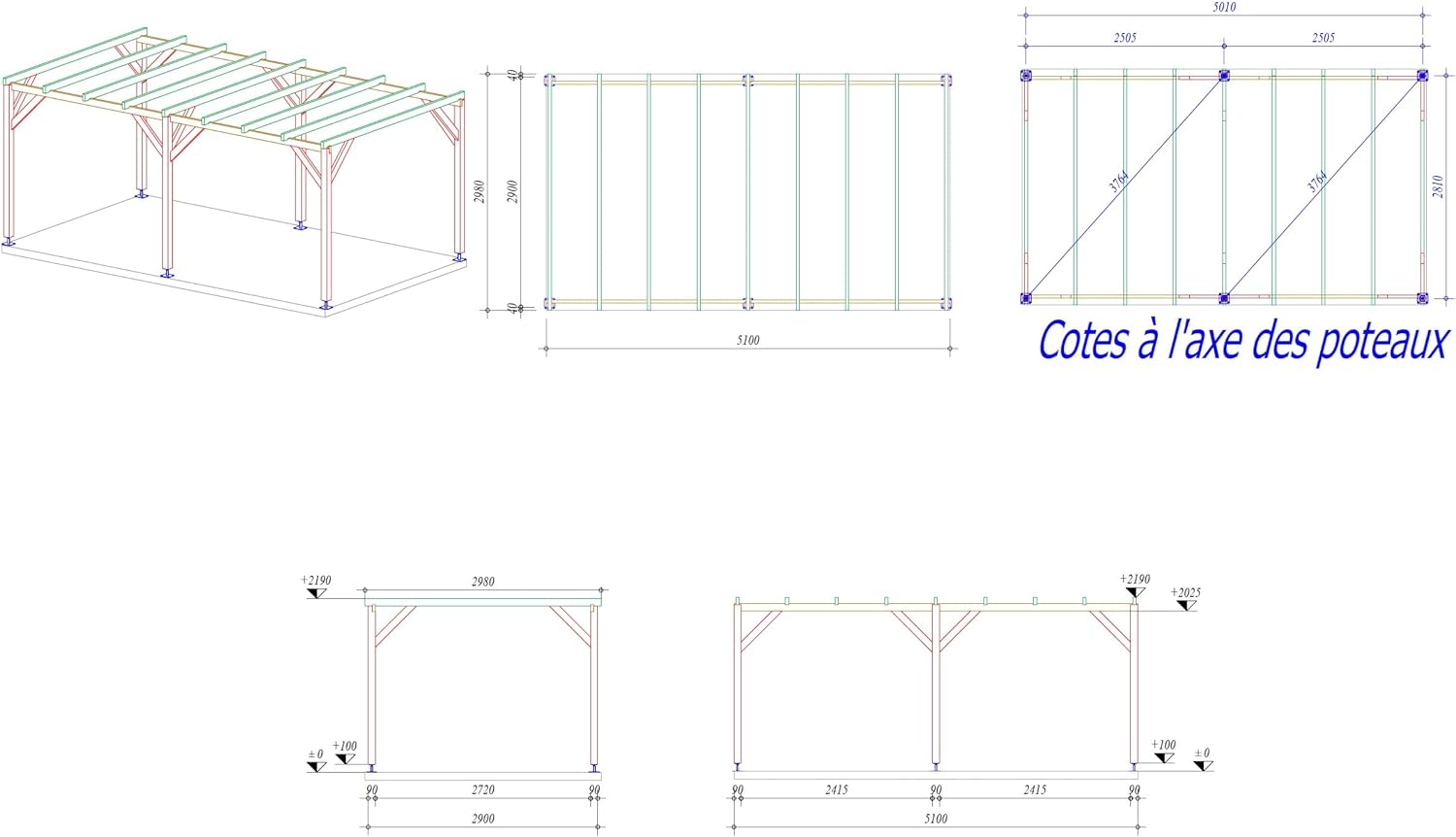 Pergola bois massif - 3x5m - traité classe 3 marron - 15m2
