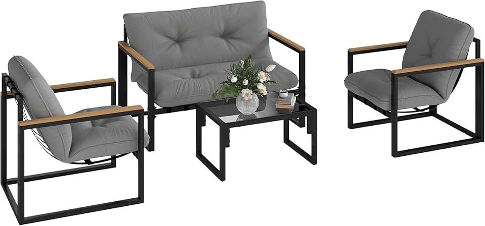 bleujardin - Salon de jardin 4 places - canapé, 2 fauteuils, table en verre, coussins inclus, gris