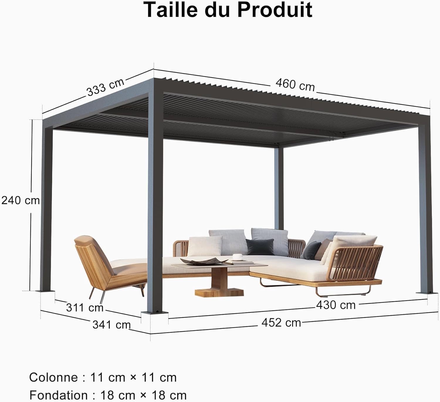 bleujardin - Pergola bioclimatique série aluminium - 4,6x3,3 m - lames orientables, éclairage intégré