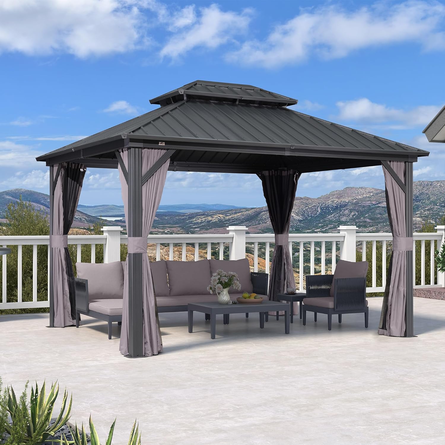 bleujardin - Pergola aluminium double toit 3,65x3m rideaux moustiquaire