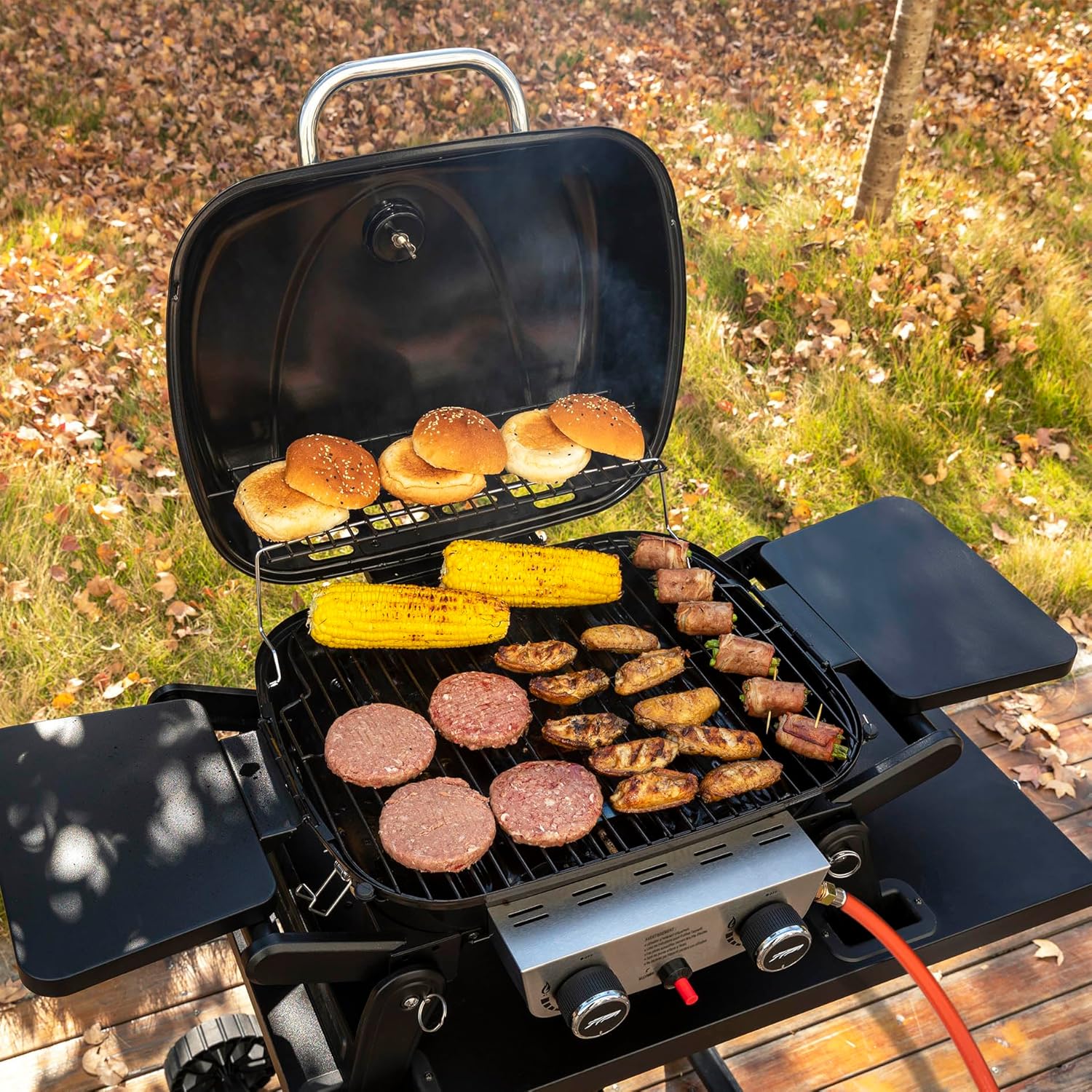 bleujardin - Barbecue Gaz 2 brûleurs - 48x37 cm - tables pliables, 5kW