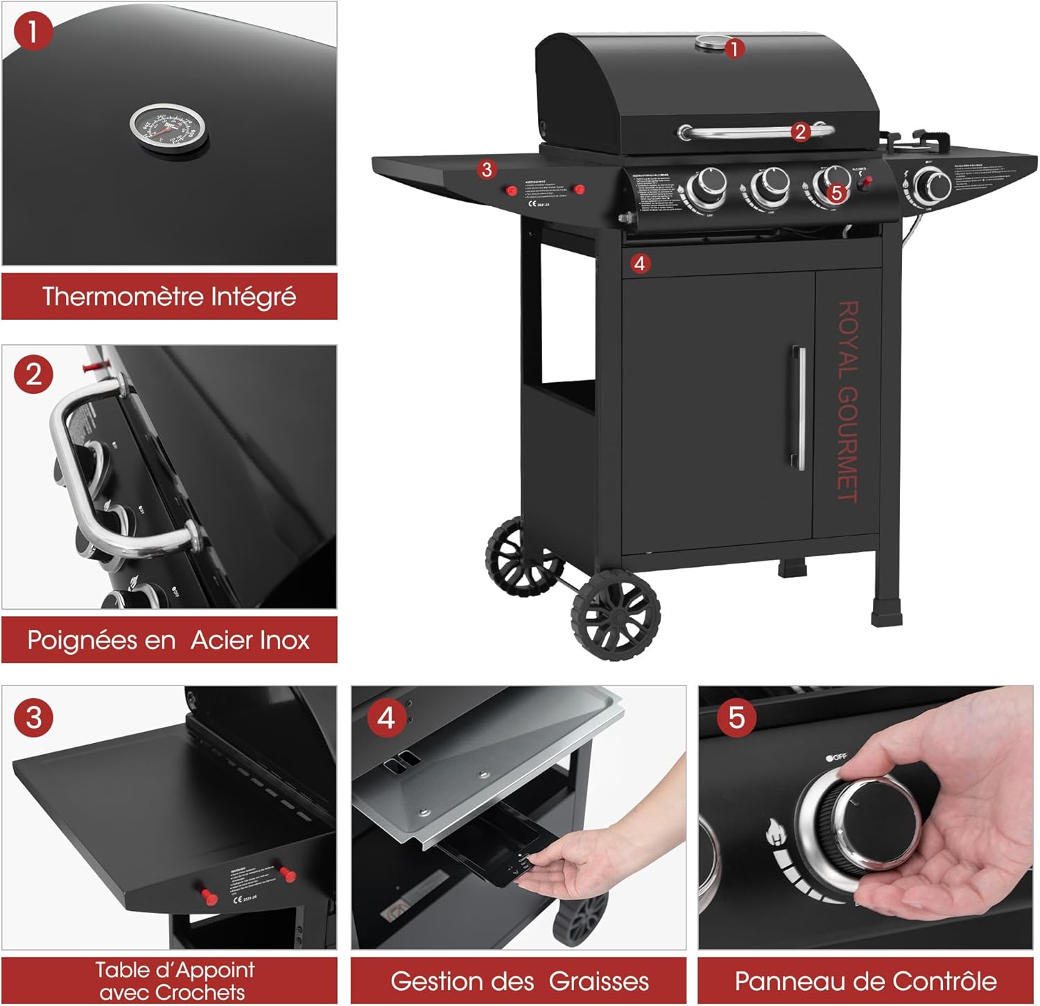 bleujardin - barbecue gaz 3+1 brûleurs inox - 11,5 kW - chariot, 2 roues, thermomètre