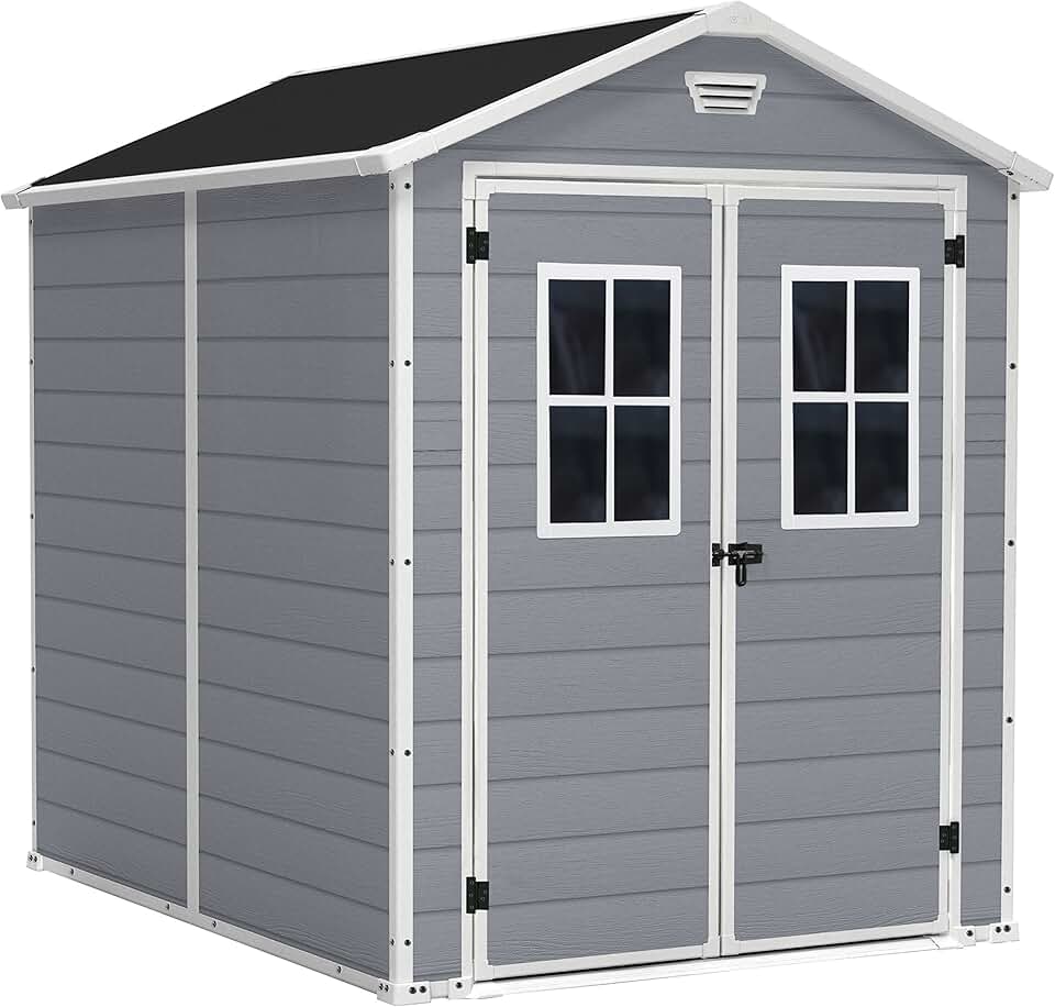 bleujardin - abri de jardin Premium - 186x237x227 cm, résine gris, double porte, fenêtres - 12-929579