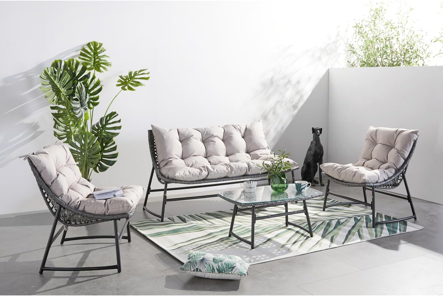 bleujardin - Guahana - salon bas 4 places, acier, rotin, coussins épais
