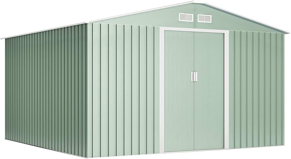 bleujardin - abri de jardin métal - 10,2m2 - double porte coulissante, grilles de ventilation