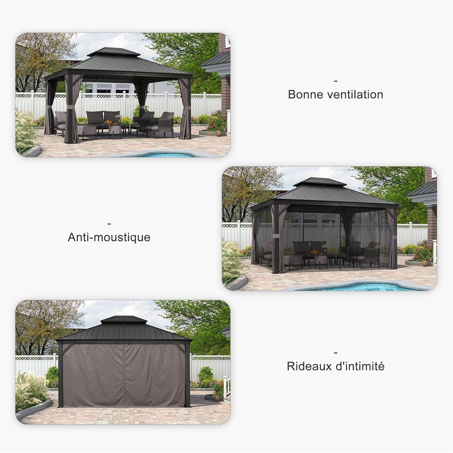 bleujardin - tonnelle aluminium - 4,25x3,65m - éclairage intégré, rideaux moustiquaires, gouttière, poteaux renforcés
