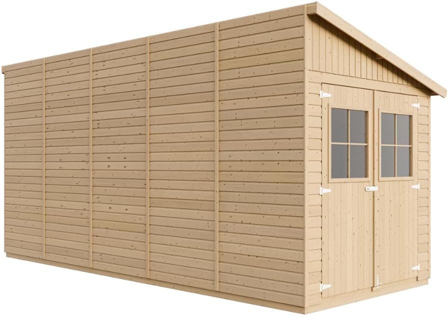 Abri de Jardin en Bois Naturel (avec paroi latérale) Plus Les PLANCHERS IMPRÉGNÉ- Stockage extérieur avec fenêtres- H244x218x514 cm/10 m2- Atelier Rangement Outils et vélos- bleujardin M341A+M341G
