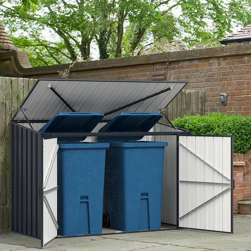 bleujardin Abri de Jardin en Métal Galvanisé 1,9 M³, Cabane de Jardin Exterieur avec Double Porte Verrouillable, Couvercle Rabattable, Vérin à Gaz Hydraulique, Cache Poubelle pour Vélo, Outils