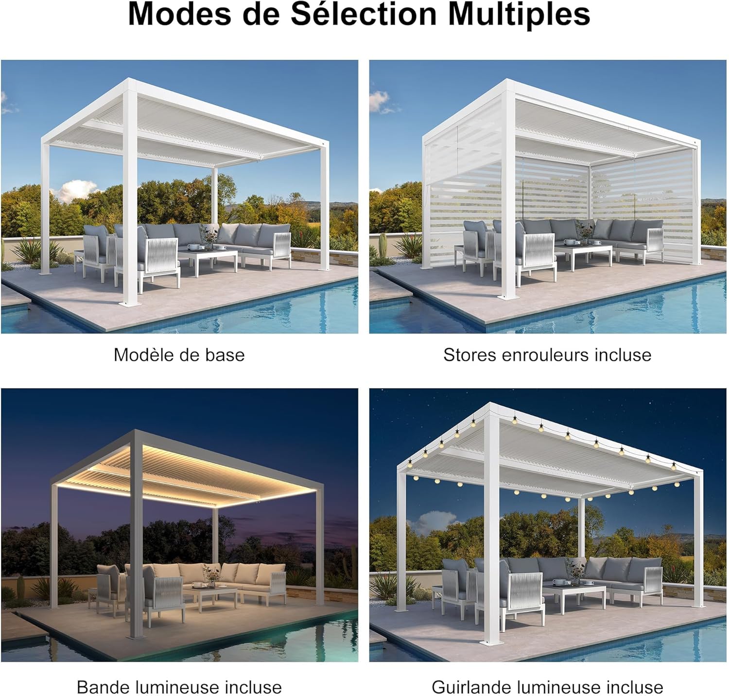 bleujardin - pergola bioclimatique - 4,24x3m - aluminium, stores enrouleurs, lames orientables