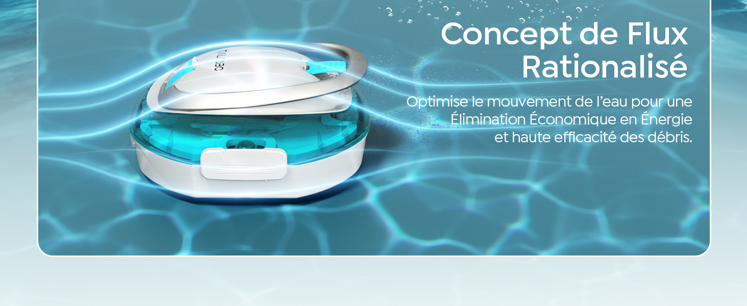 Le texte se lit comme suit : « Concept de Flux Rationalisé ». Visualisation du produit montrant un élément de design incurvé de couleur aqua sur fond d'eau courante.
