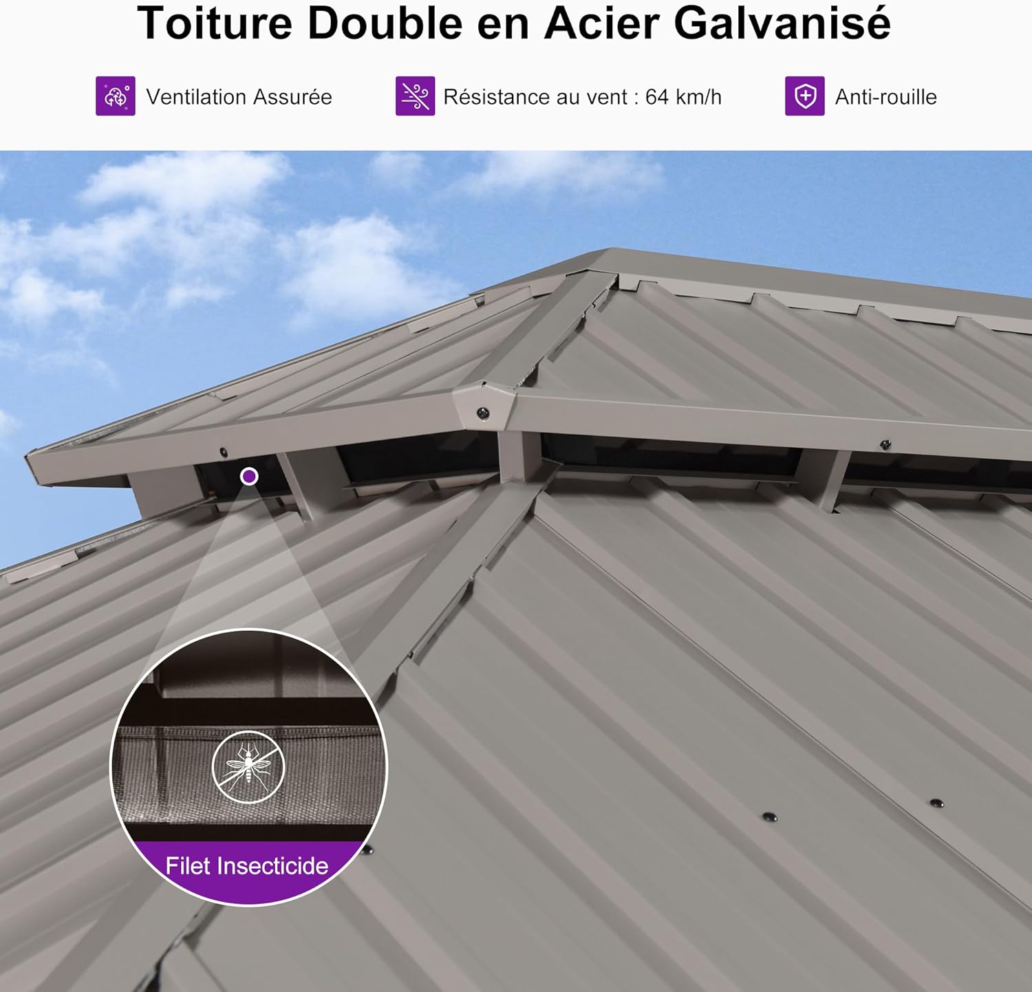 bleujardin Tonnelle de Jardin Extérieur 6 x 3,65 m avec Guirlande Lumineuse, Pergola Aluminium à Toit Rigide en Acier Galvanisé, Pavillon Imperméable pour Camping, Fête, Barbecue, Champagne