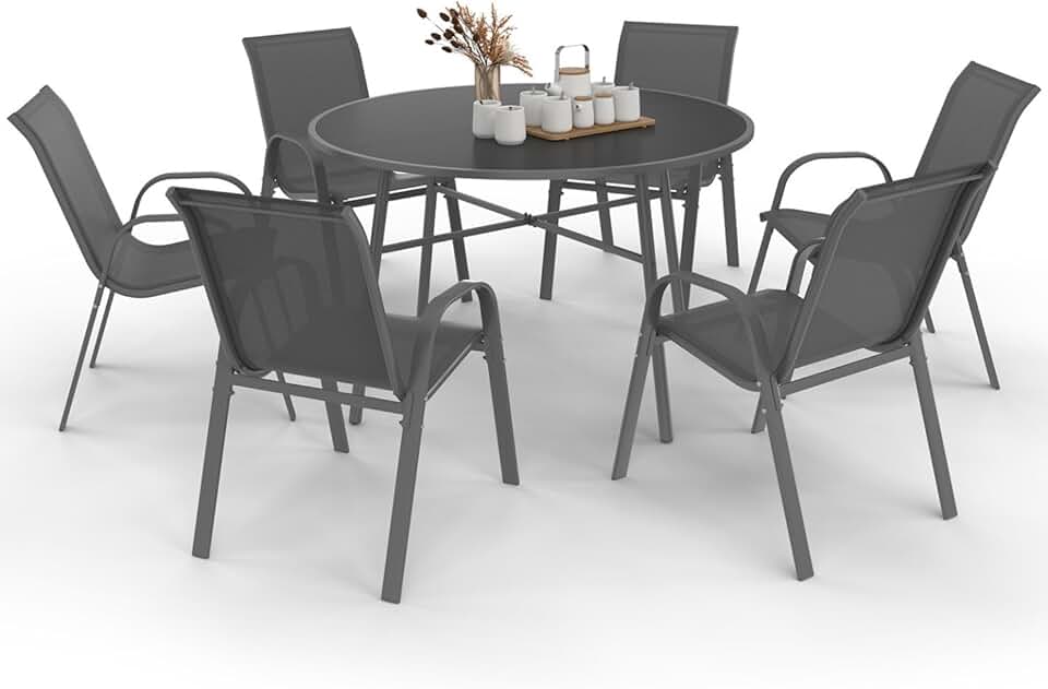 bleujardin - Salon Madrid - table ronde 120cm, 6 chaises empilables, gris anthracite