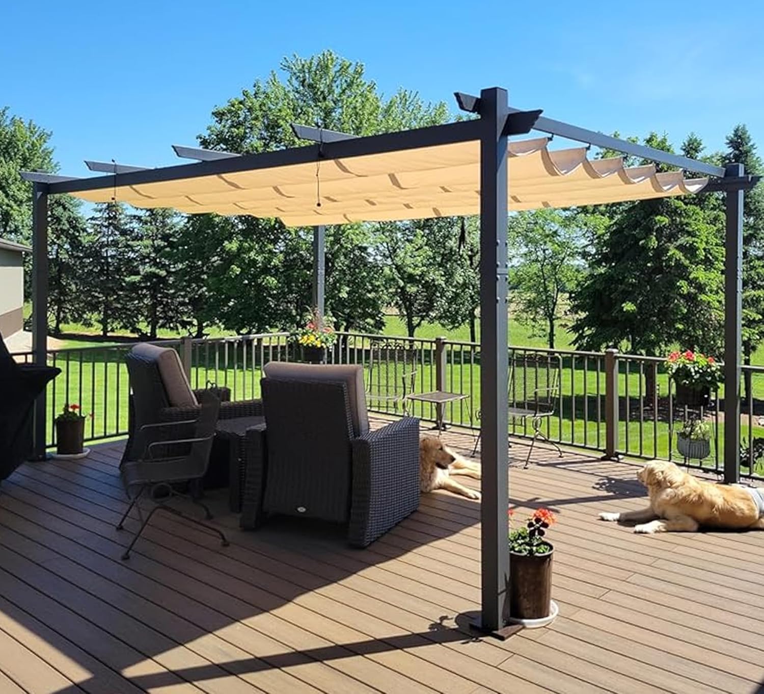 bleujardin - Pergola aluminium série - 4,8x3,5m - toit coulissant, tissu teint fil, kaki
