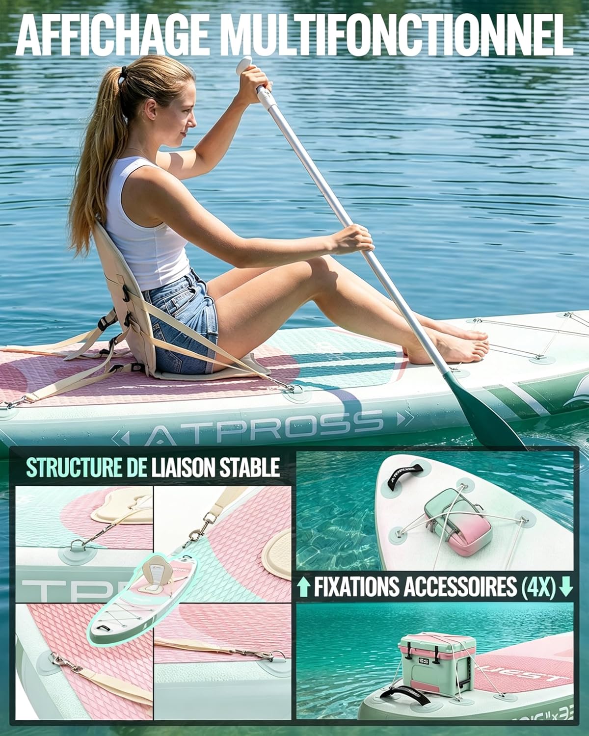 Stand Up Paddle gonflable adulte 320x84cm, 2 places, 200kg, siège kayak